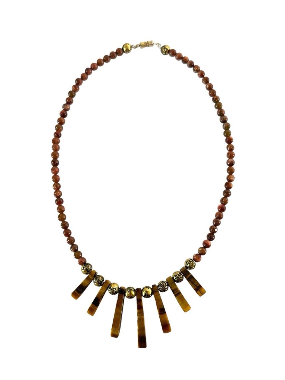 Tiger’s Eye & Goldstone Beaded Statement Necklace Fringe Pendant 16”